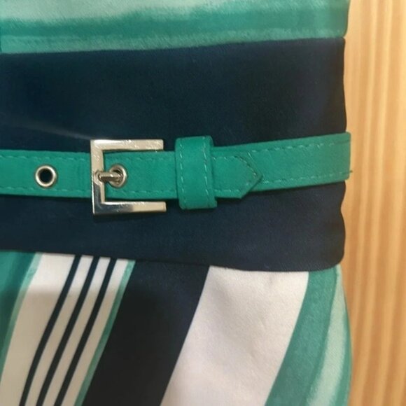 Eva Mendes for New York & Co. NWT Blue/Green/White Striped Event or Office Dress - Picture 3 of 8